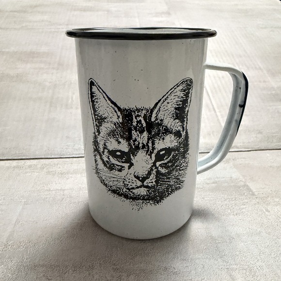Esmaltes Morilla Other - Esmaltes Morilla White Enamel Metal Coffee Cup Mug Graphic Cat Kitten Glass Camp